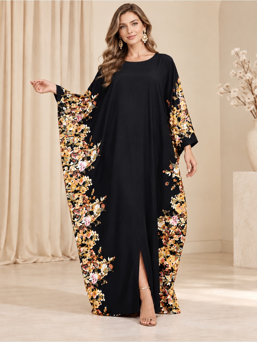 Black Floral-Trim Maxi Dress for Women